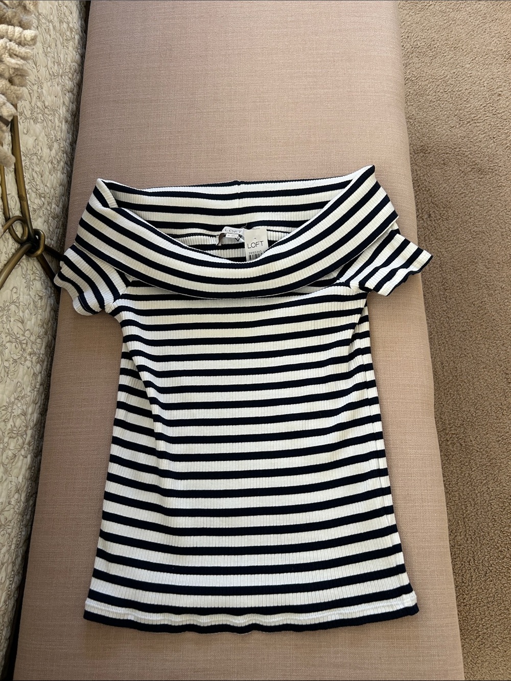 LOFT Navy and White Striped Off-the-Shoulder Top